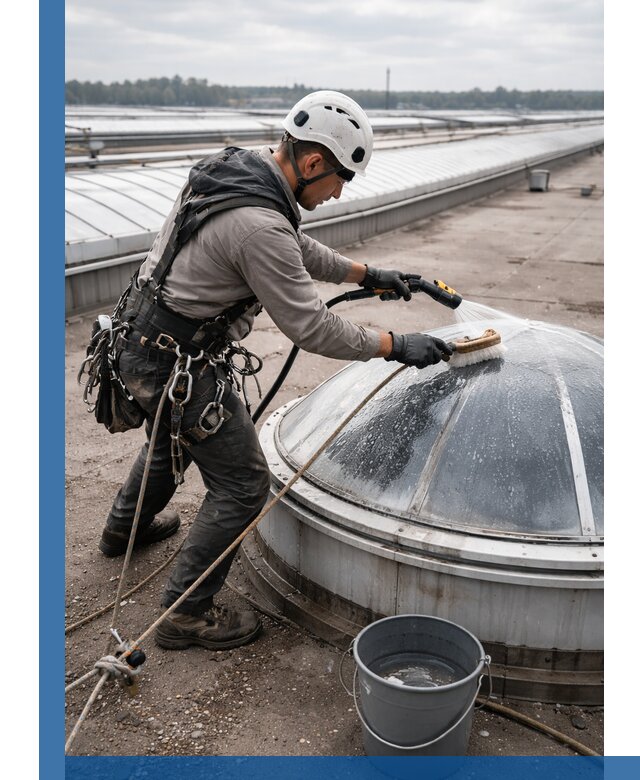 Мойка зенитных фонарей на кровле для промышленных объектов в Видном