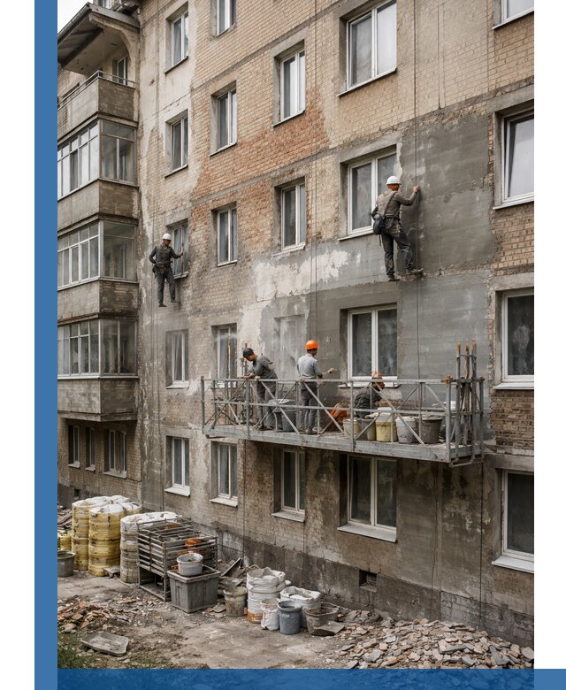 Капитальный ремонт фасада в Видном с восстановлением и гидроизоляцией