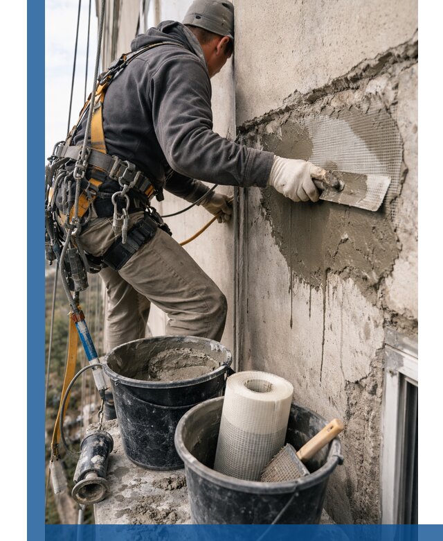 Ремонт бетонных элементов фасада промышленными альпинистами в Видном