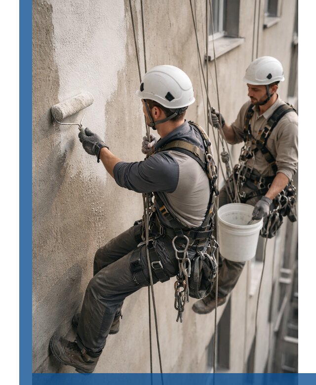 Грунтовка фасада на высоте в Видном промышленными альпинистами