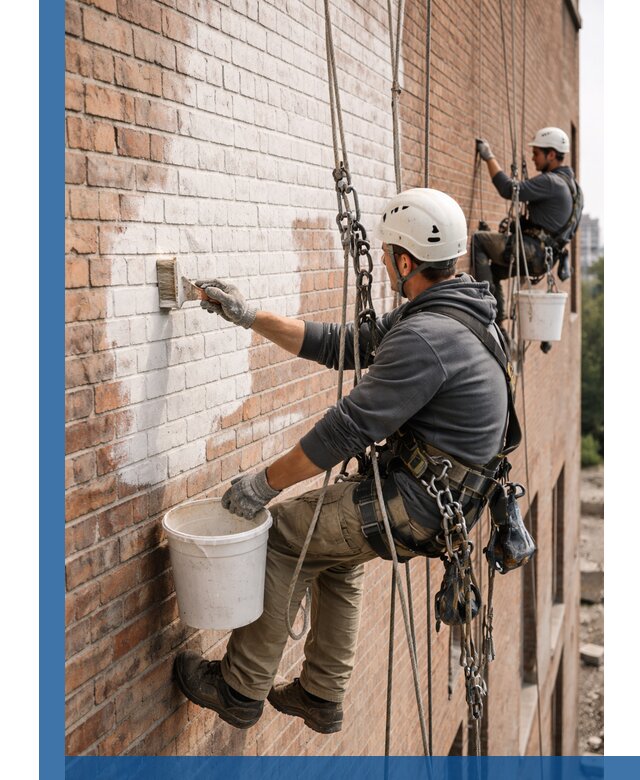 Покраска кирпичного фасада с доступным альпинистским сервисом в Видном