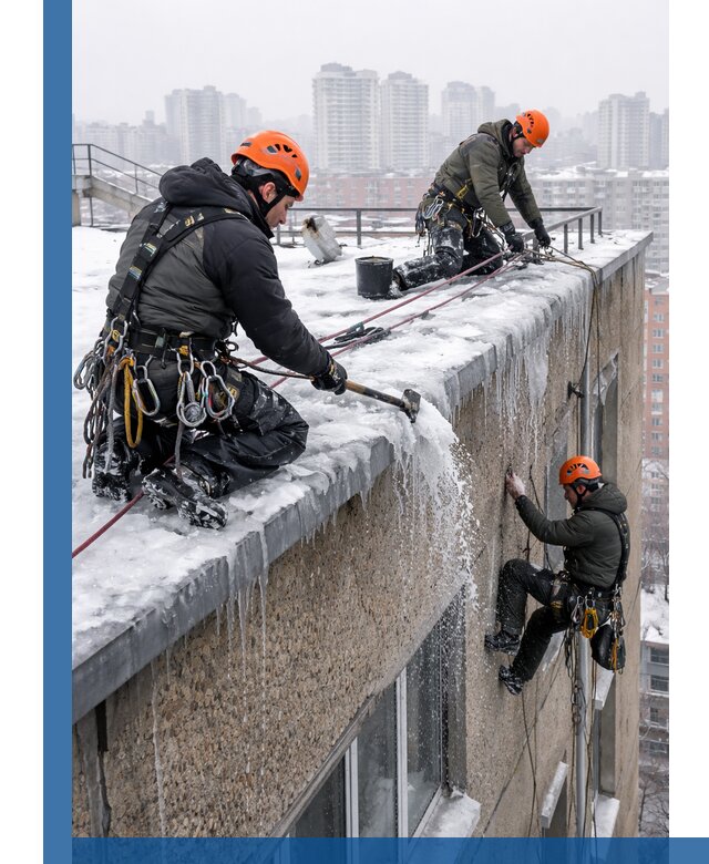 Удаление наледи с кровли в Видном промышленными альпинистами