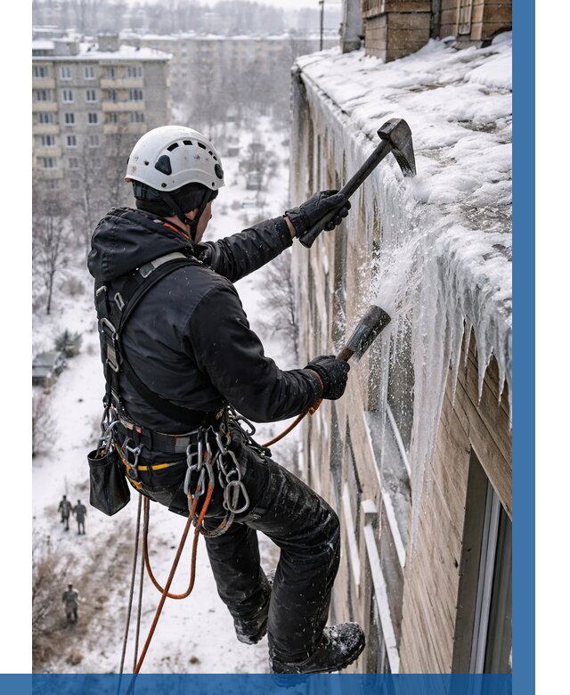 Сбивание сосулек с крыши в Видном по цене от 4658 р. | ВЫСОТНИК-Вдн