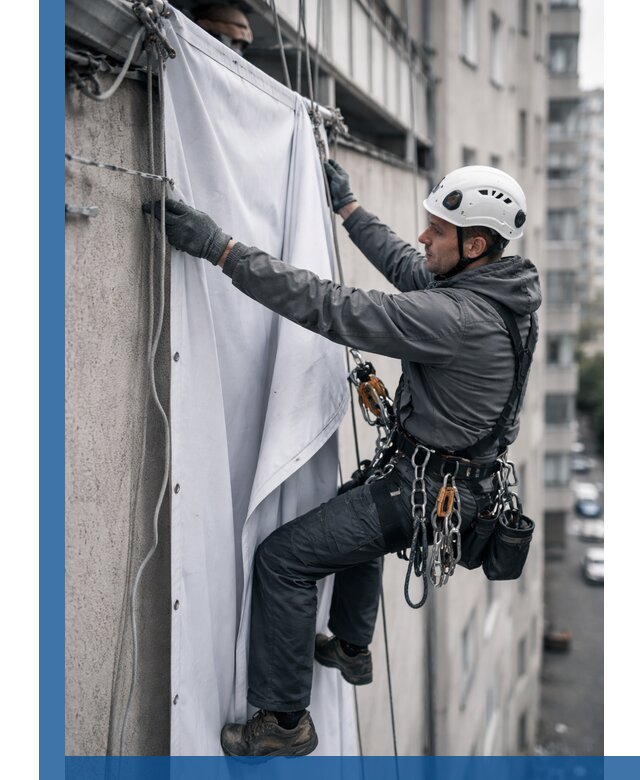 Замена баннерного полотна промышленными альпинистами в Видном