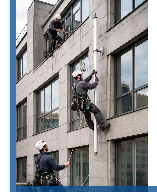 Монтаж флагштока на фасаде здания с креплением и герметикой в Видном