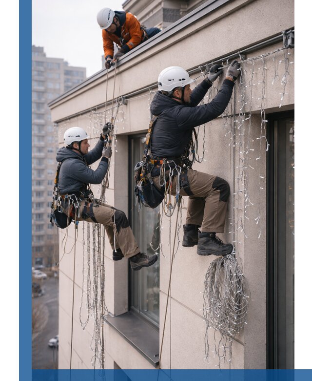 Монтаж праздничных гирлянд на фасаде в Видном для зданий