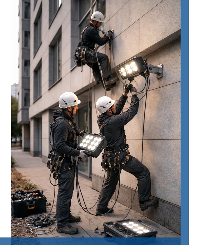 Монтаж прожекторов на фасаде в Видном от 7763 р. | ВЫСОТНИК-Вдн