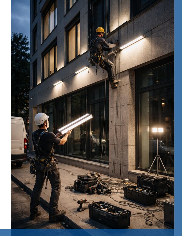 Монтаж архитектурной подсветки здания в Видном от 2588 р.|ВЫСОТНИК-Вдн