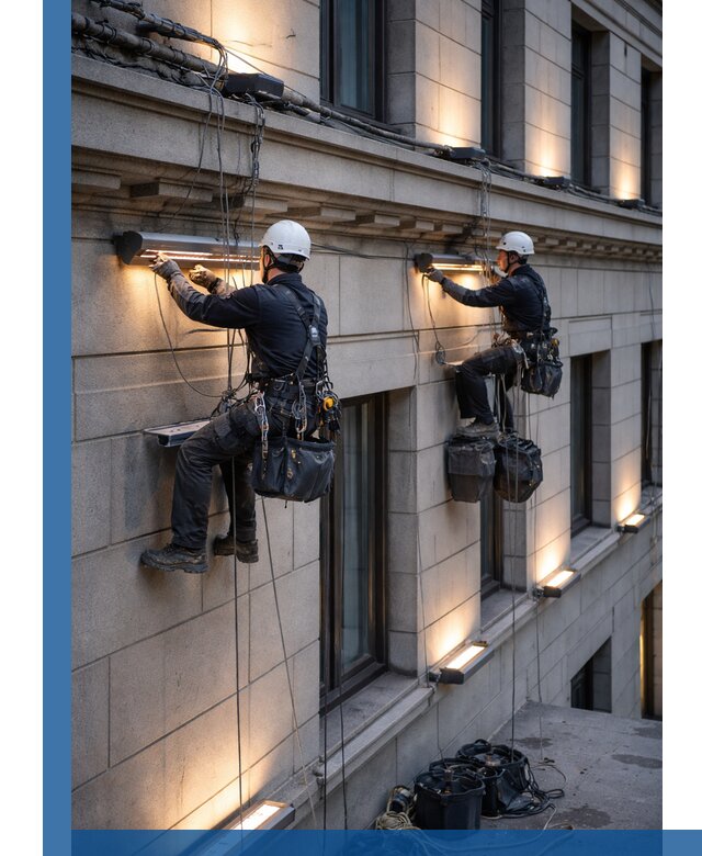 Монтаж архитектурной подсветки фасадов зданий в Видном