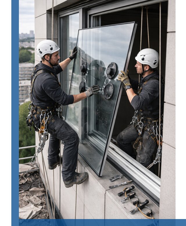 Замена стеклопакетов на высоте с промышленными альпинистами в Видном