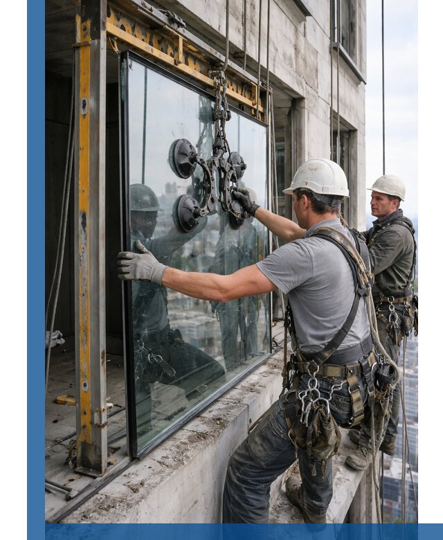 Монтаж стеклопакетов на высоте в Видном с промышленным альпинизмом