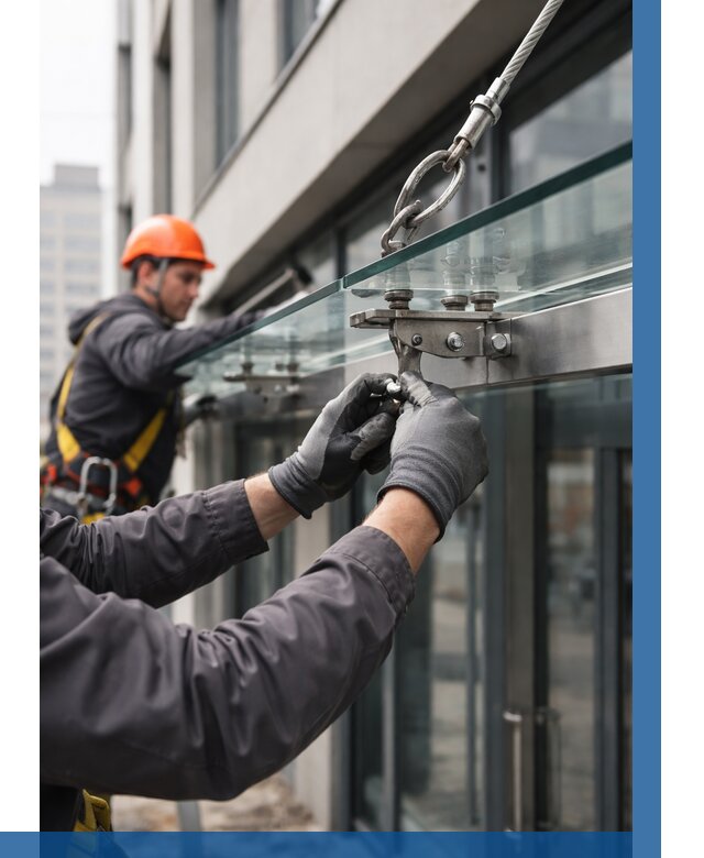 Монтаж стеклянных козырьков в Видном от 8798 р. | ВЫСОТНИК-Вдн