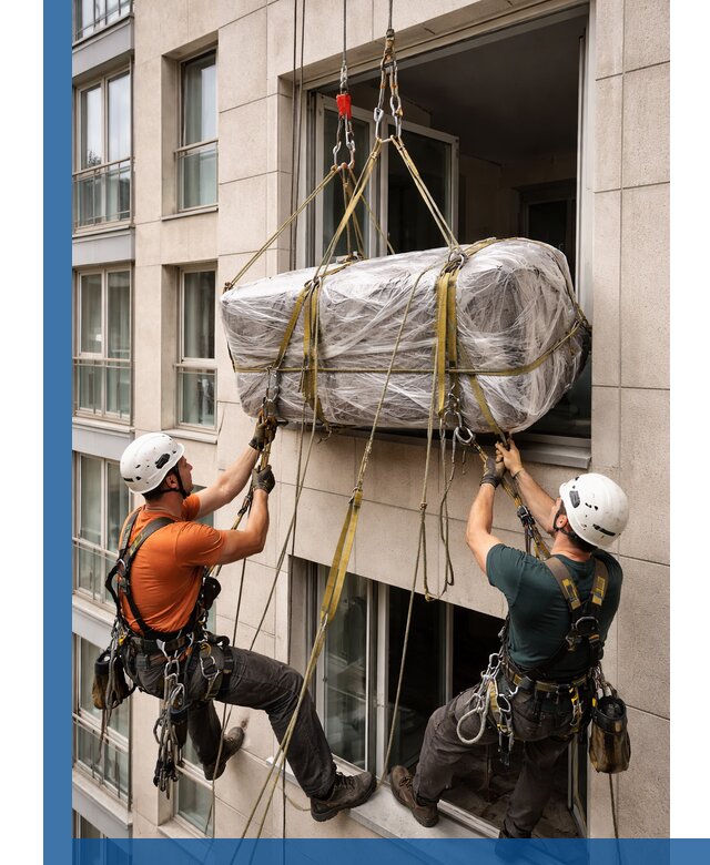 Подъем грузов через окно в Видном промышленными альпинистами